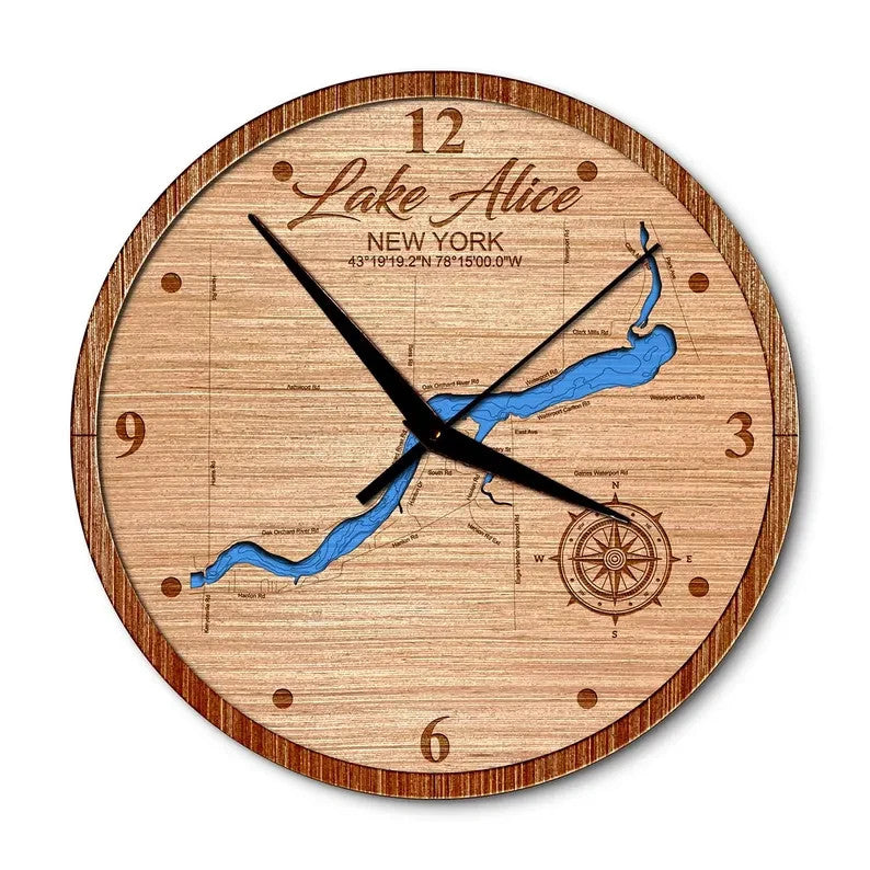 Lake Alice in Waterport, New York 14in Layered Map Clock