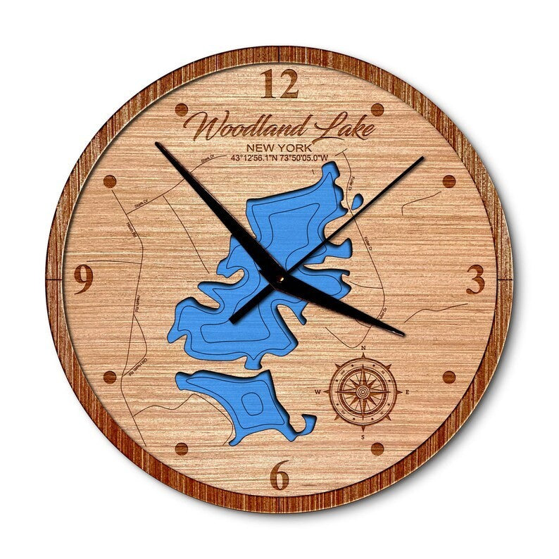 Woodland Lake in Corinth, New York 14in Layered Map Clock