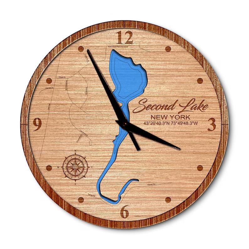 Second Lake in Luzerne, New York 14in Layered Map Clock