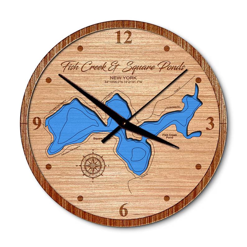 Fish Creek Pond & Square Pond, New York 14in Layered Map Clock