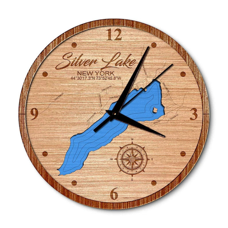 Silver Lake in Hawkeye, New York 14in Layered Map Clock