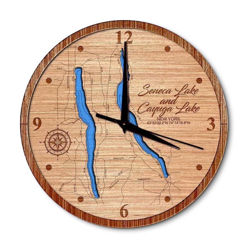 Seneca & Cayuga Lakes, New York 14in Layered Map Clock