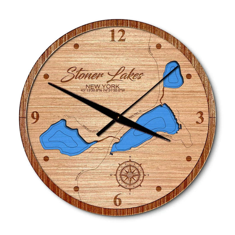 Stoner Lakes, New York 14in Layered Map Clock