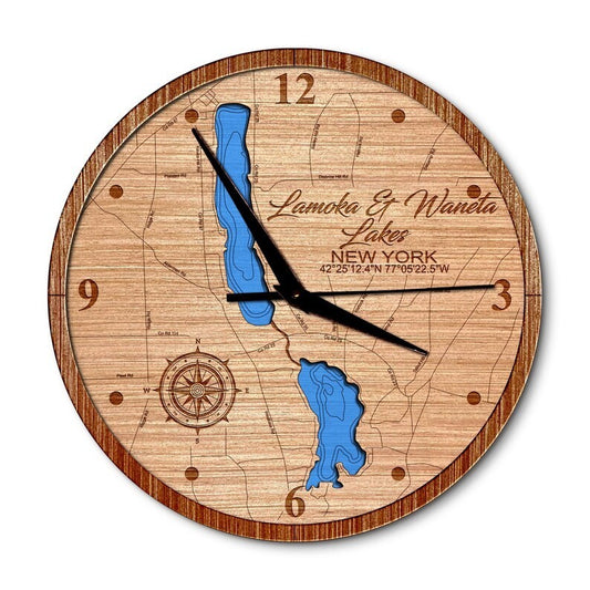 Lamoka & Waneta Lakes, New York 14in Layered Map Clock