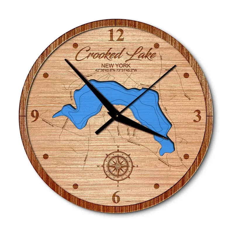 Crooked Lake, Avril Park New York 14in Layered Map Clock