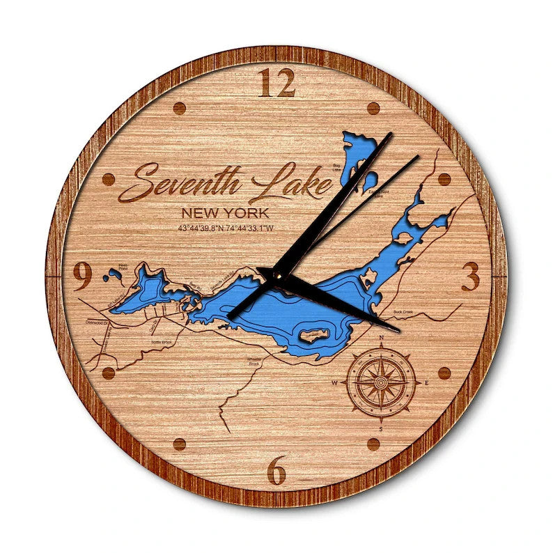 Seventh Lake Fulton Chain of Lakes New York 14in Layered Map Clock