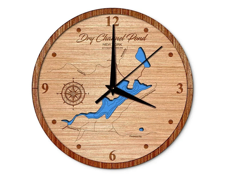 Dry Channel Pond, New York 14in Layered Map Clock