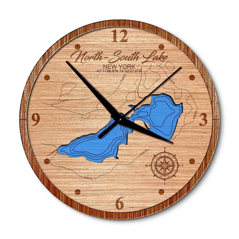 North & South Lake, New York 14in Layered Map Clock