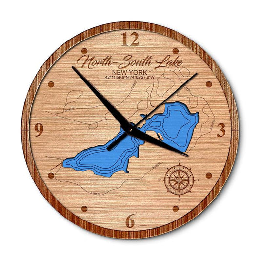 North & South Lake, New York 14in Layered Map Clock