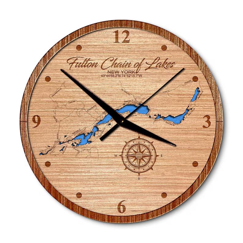 Fulton Chain of Lakes, New York 14in Layered Map Clock -