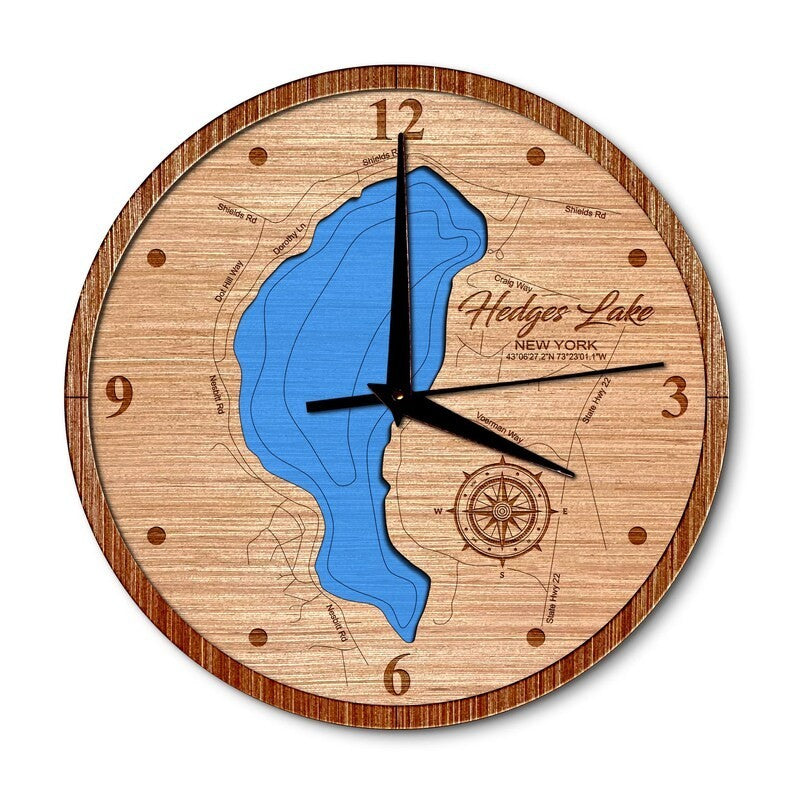 Hedges Lake in Cambridge, New York 14in Layered Map Clock