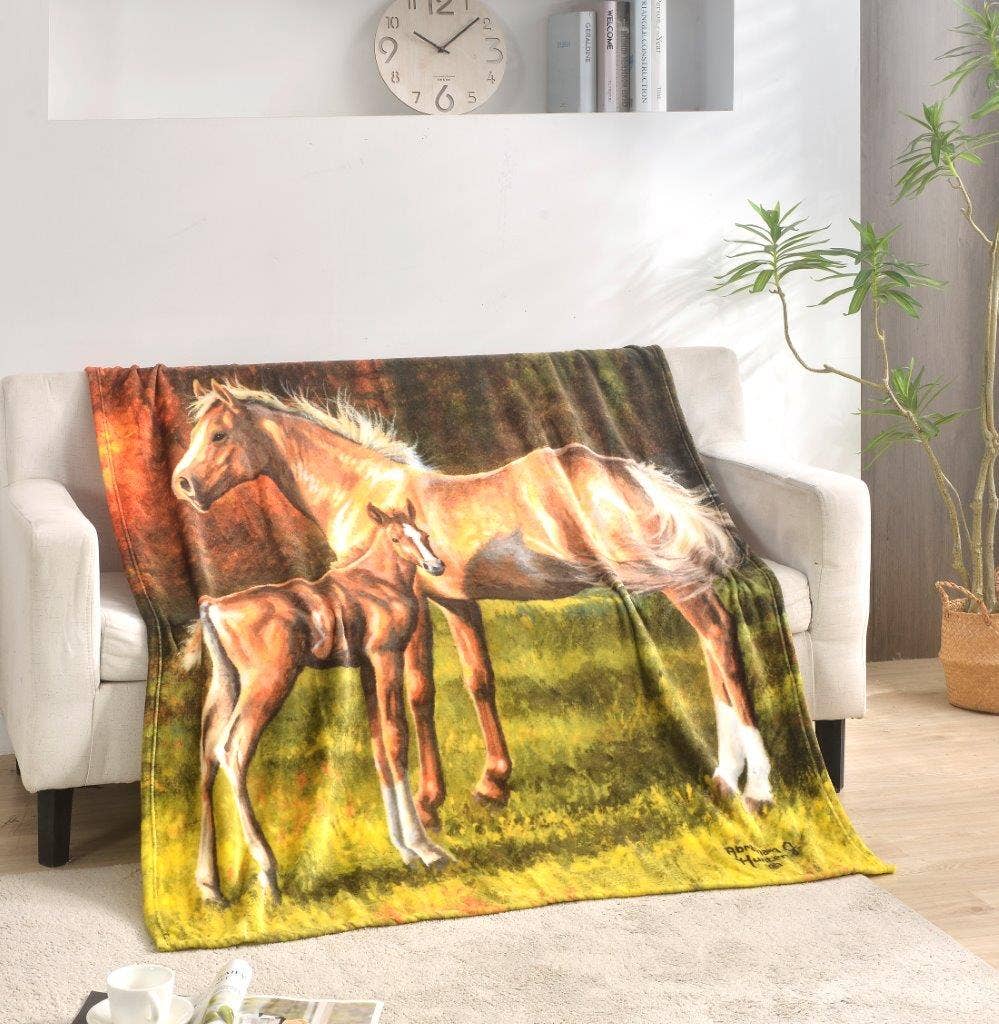 Horse and Foal Baby Horse Faux Fur Plush Throw Blanket