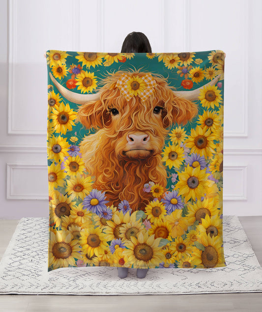 Spring Sunflower Highland Cow Faux Fur Plush Throw Blanket